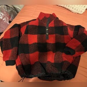 American Eagle Outfitters Red and Black Buffalo Check Sherpa Pullover